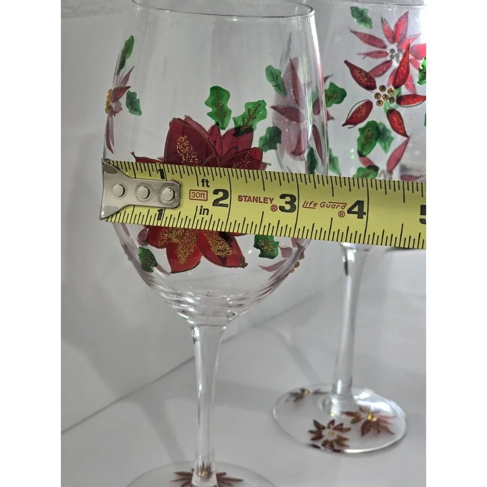 Wine Glasses Hand Painted Set of 2 Christmas Pointsettia